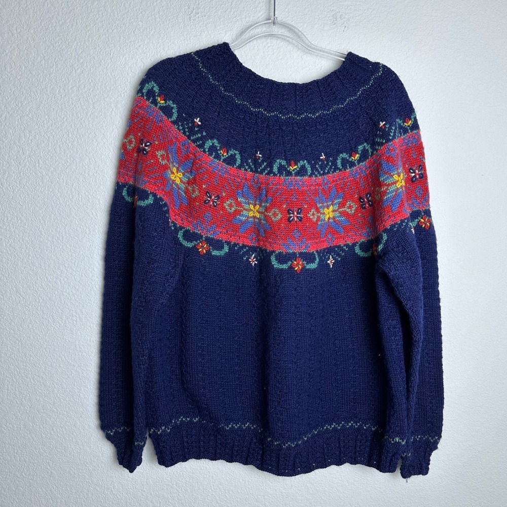 Dale of Norway Wool Fair Isle Sweater Navy Blue Red Floral Embroidered Womens M